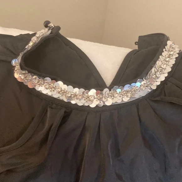 halter top long sleeve cold shoulder sequin neckline ruffled collared blouse - Picture 3 of 6